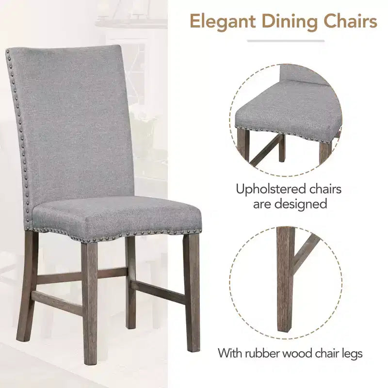 MAYEERTY 7-Piece Mid-Century Solid Wood Extendable Dining Table Set, 12 Leaf, Upholstered Chairs for 6 Person, Golden Brown + Gray