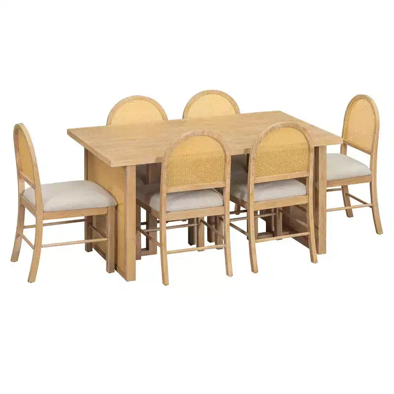 7-Piece Farmhouse Dining Table Set for 6-59.8 Rectangular Dining Table with Distressed and 6 Rattan Chairs, Rustic Kitchen Furniture