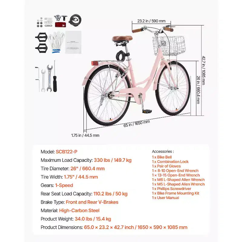 Vélo de plage VEVOR Cruiser, 1 vitesse, 26 pouces, rose, avec panier grande capacité et porte-bagages arrière, sécurisé et robuste, rose
