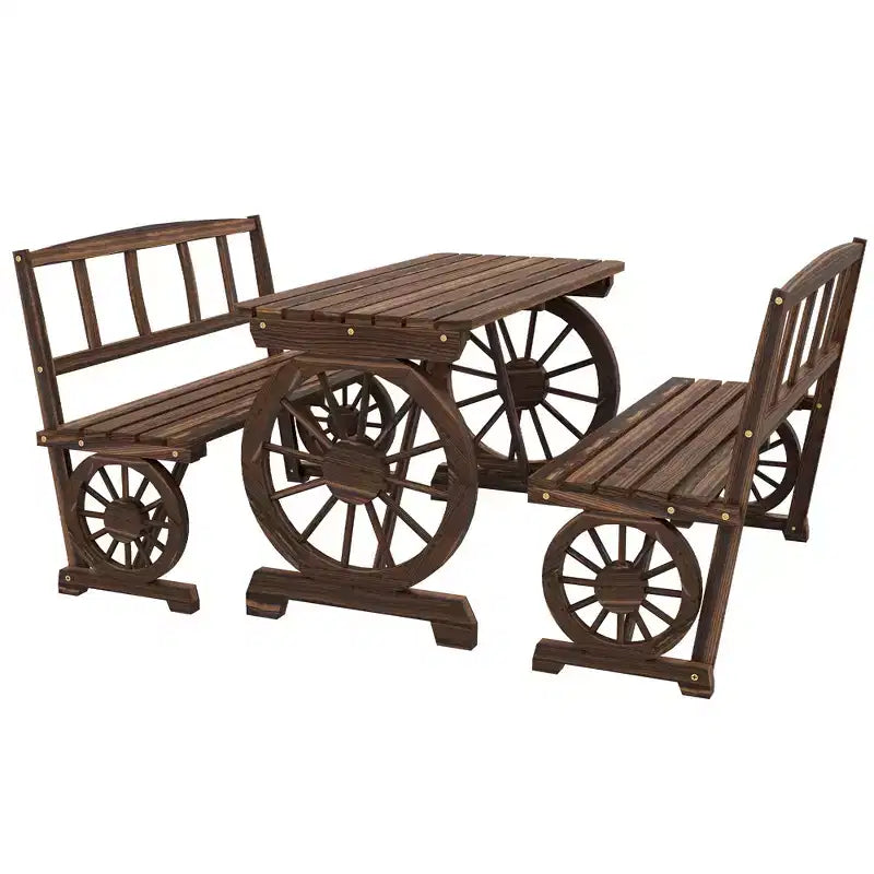Table et chaises de patio pour 4 personnes, motif roue de chariot, ensemble de mobilier d'extérieur pour jardin, carbonisé