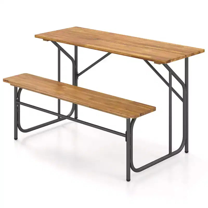 Costway Patio Table Bench Set for 2 Picnic Table & Loveseat w/Acacia Wood Top Metal Legs