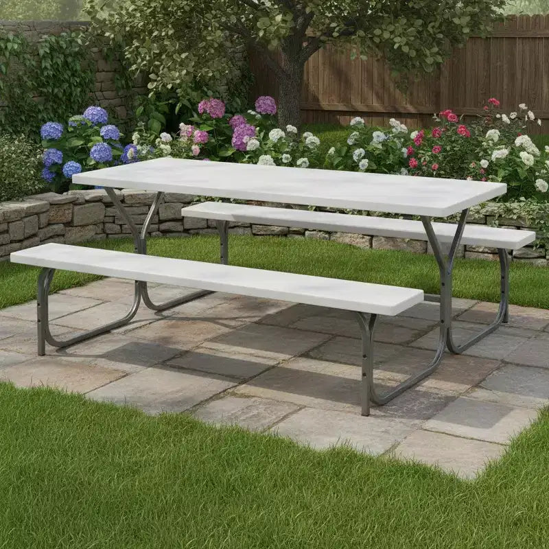 Gymax 6' Outdoor Picnic Table and Bench Set w/ HDPE Wood-Like Tabletop Built-In Umbrella Hole & 2 Benches for Dining & Gatherings Black/Gray/White