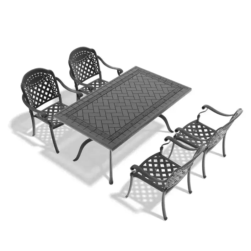 Ensemble de salle à manger rectangulaire 5 pièces en aluminium moulé pour terrasse, jardin, bord de piscine avec coussins