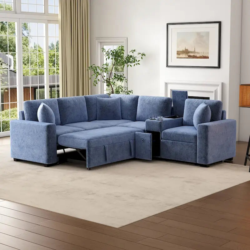 Chenille Pull Out Sectional Convertible Sleeper Sofa Modular Sectional Sofa with Pillow and 2 Cup Holders for Living Room