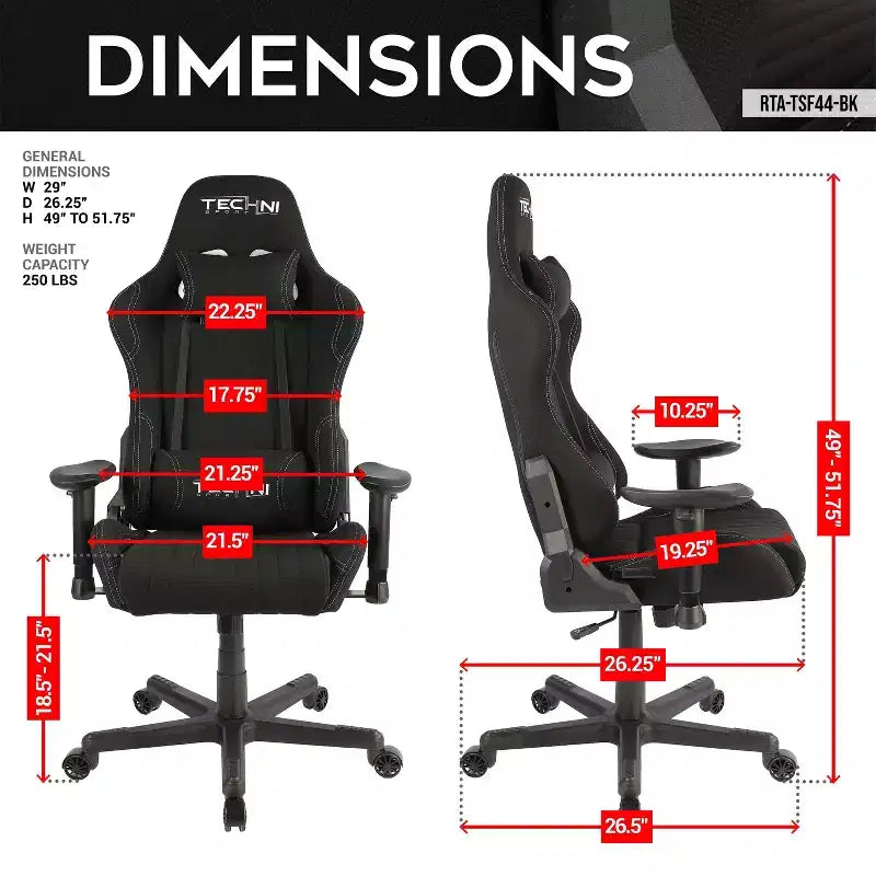 Fauteuil de gaming ergonomique haut dossier en tissu style baquet noir - Techni Sport : Bureau, pivotant, support lombaire