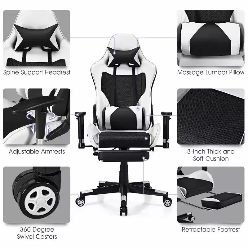 Chaise de Massage Gaming Costway Fauteuil de Bureau Inclinable avec Repose-pied Blanc