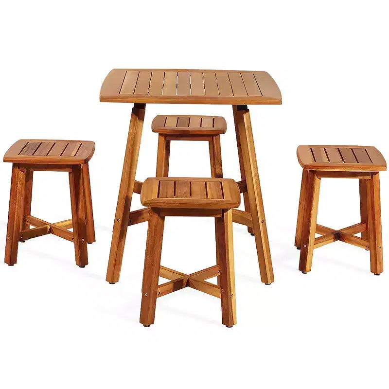 Costway 5PCS Acacia Patio Dining Set W/Square Table & 4 Stools Reddish Brown