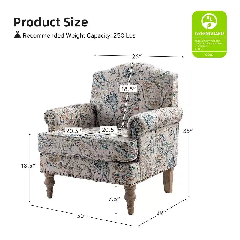 Yahweh Transitional Wooden Upholstered Floral Pattern Design Armchair with Panel Arms and Camelback| ART OF LIVING DESIGNS