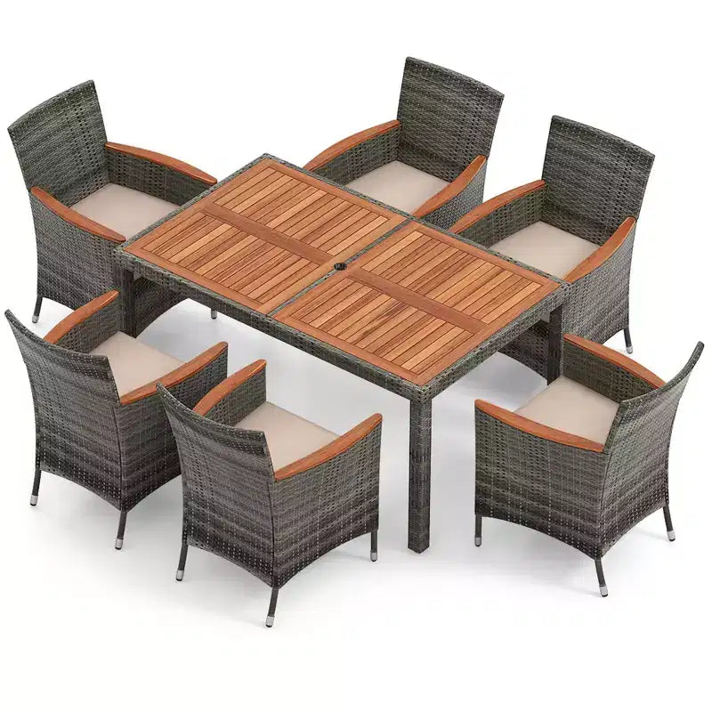 Costway 7 Pieces Outdoor Wicker Dining Set with Acacia Wood Table and 6 Armchairs