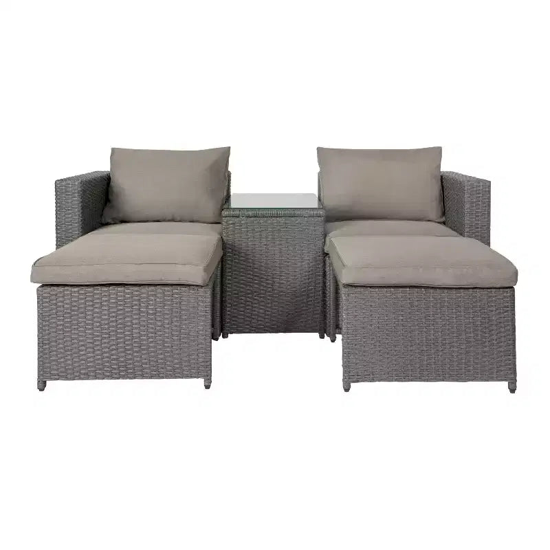 Merrick Lane Woven Rattan Modular Sofa Set for Indoor/Outdoor Use with Loveseat, Ottomans, and Tempered Glass Table