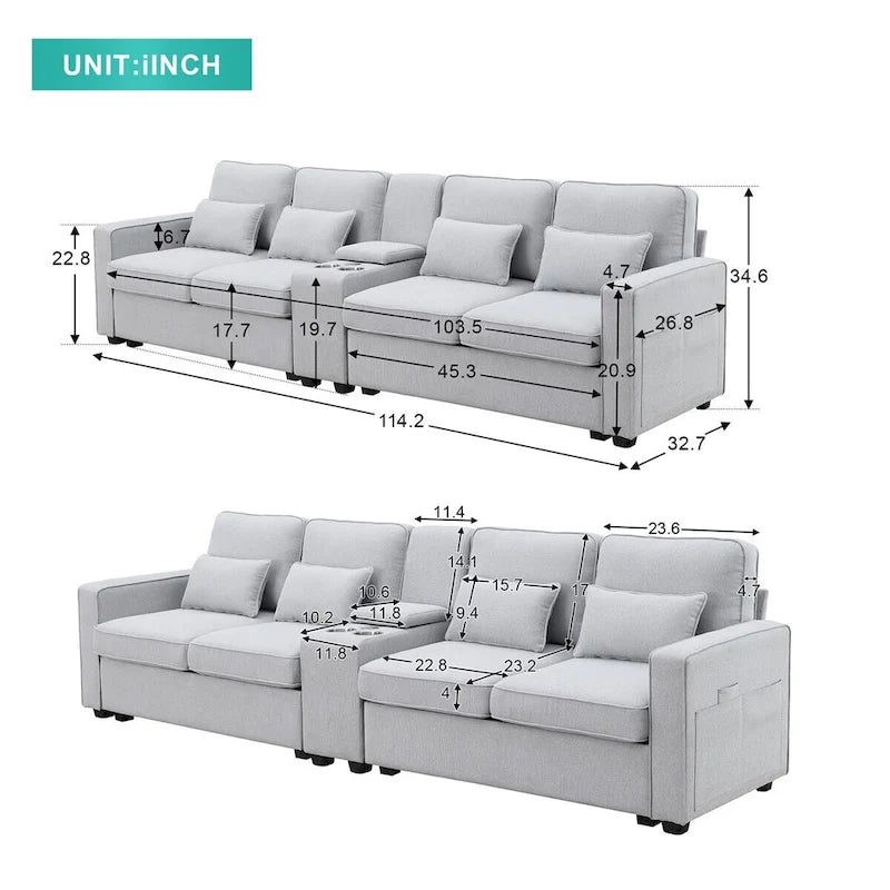 Merax 114.2 Upholstered Sofa with Console, 2 Cupholders and 2 USB Ports Wired or Wirelessly Charged