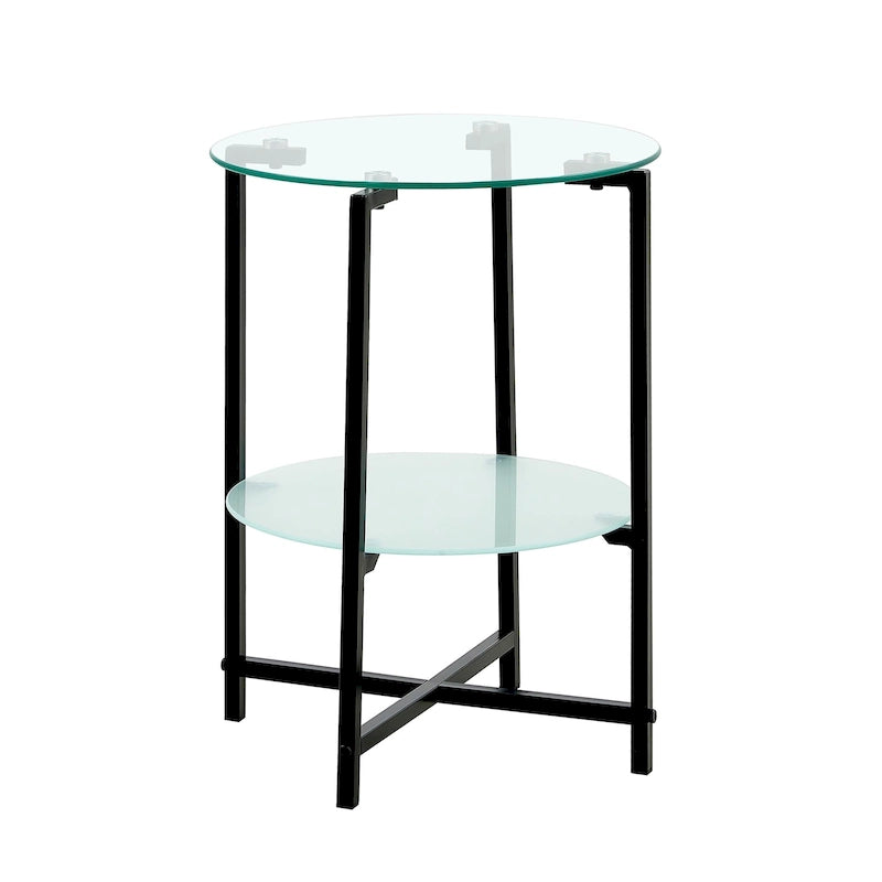 2-layer Round Tempered Glass End Table/Coffee Table with Iron Frame