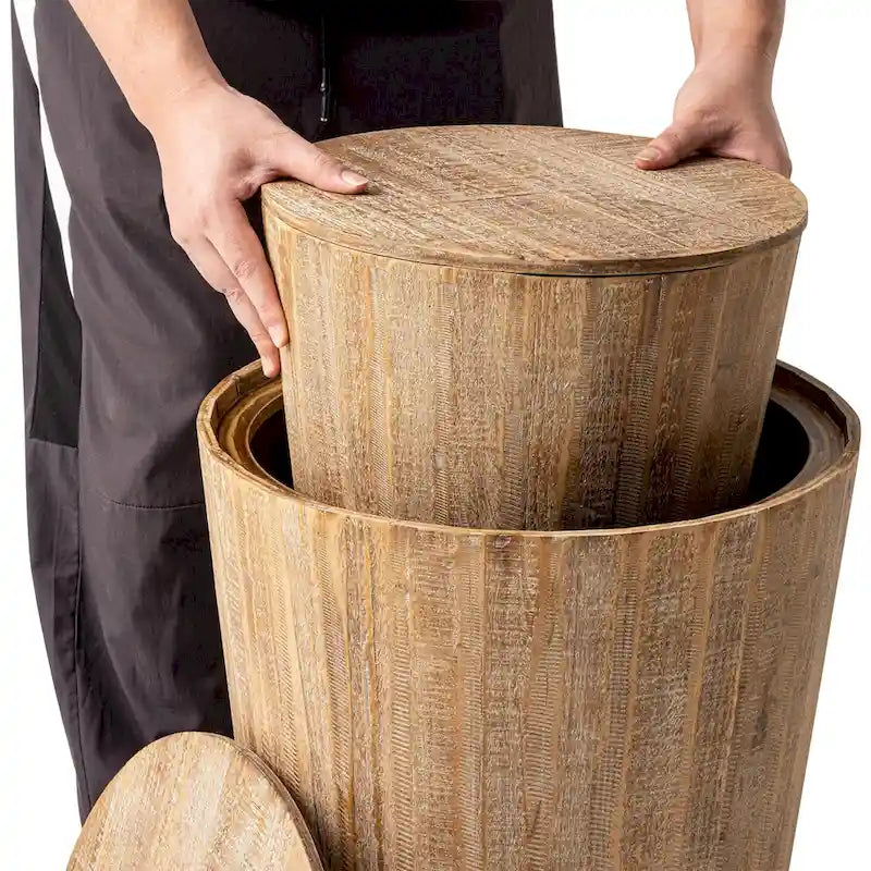 COZAYH Farmhouse Nesting Barrel Side Table, Rustic Space Saving Storage End Table Set, Natural Distressed Finish