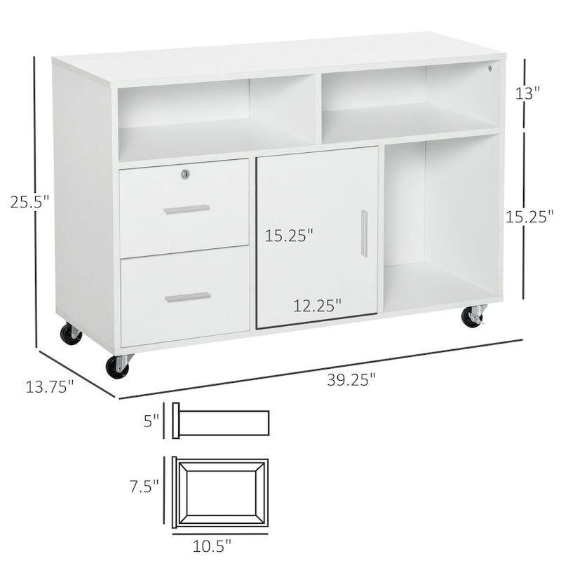 HOMCOM Printer Stand: Mobile Office Cabinet Organizer with Wheels and Drawer, White