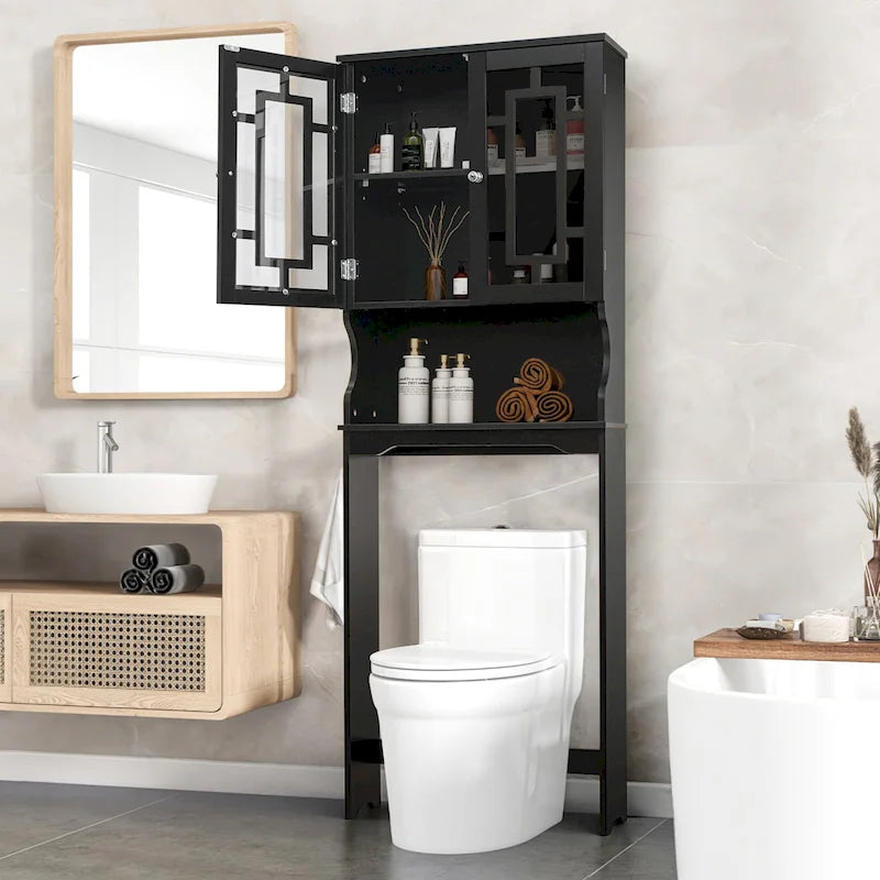 EROMMY Over-The-Toilet Storage, Wooden Bathroom Organizer, with 2 Glass Doors & Adjustable Shelf for Bathroom