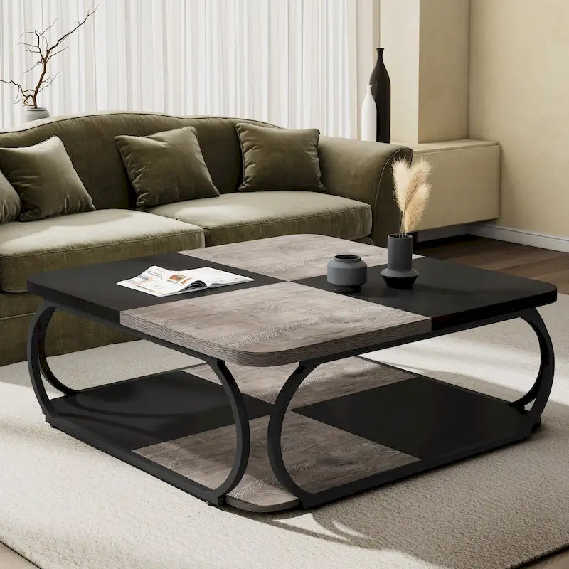 39 Inche 2-Tier Square Coffee Table with Metal Frame for Living Room