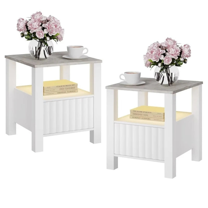 End Side Table with LED Light, White Nightstand with Storage(Set of 2)