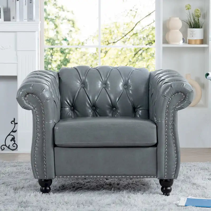 Classically Elegant 84.65 Three-Seater Rolled Arm Chesterfield Sofa in PU Leather - Sturdy Birch Legs, Soft Upholstery