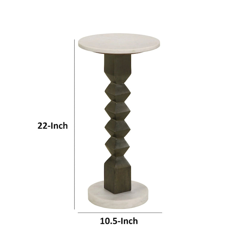 Drink Side Table, 11 Inch Round Marble, Spindle Pedestal Base, White, Gray