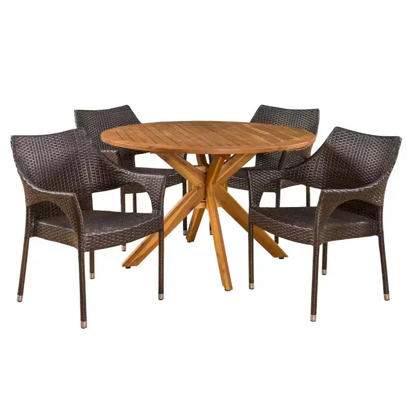 Ensemble de salle à manger Natividad 5 pièces en acacia et osier : Chaises empilables et résistantes aux intempéries - Christopher Knight Home