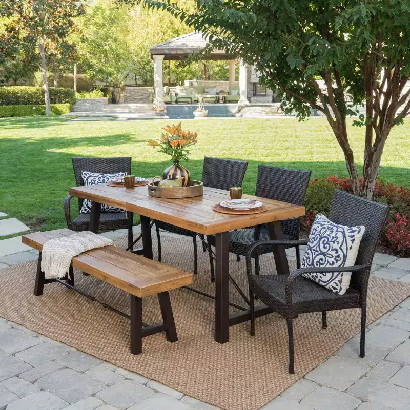 Salons 6pc Acacia & Wicker Dining Set - Teak/Brown - Christopher Knight Home: Weather-Resistant, Stackable Chairs, Galvanized Steel Hardware