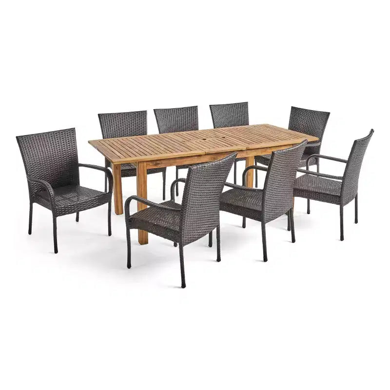 Hayes 9pc Wood & Wicker Expandable Dining Set: Patio Seating for 8 - Christopher Knight Home