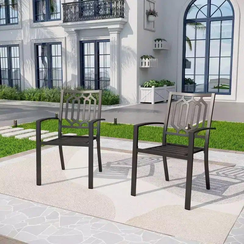 Ensemble de salle à manger 7 pièces pour terrasse avec table rectangulaire imitation bois avec trou pour parasol et chaises - Captiva Designs : Résistant aux intempéries, structure en acier