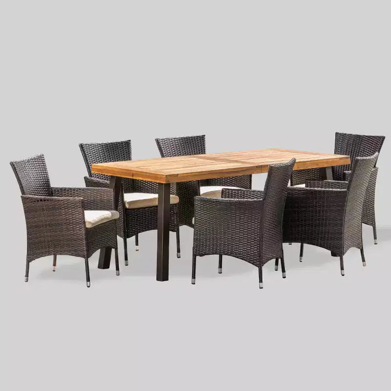 Tustin 7pc Acacia Wood and Wicker Dining Set Brown/Beige - Christopher Knight Home: With Cushions, Weather-Resistant