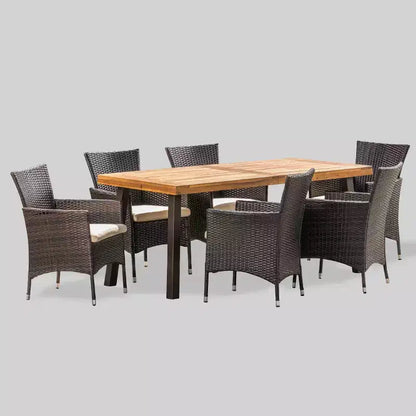 Tustin 7pc Acacia Wood and Wicker Dining Set Brown/Beige - Christopher Knight Home: With Cushions, Weather-Resistant
