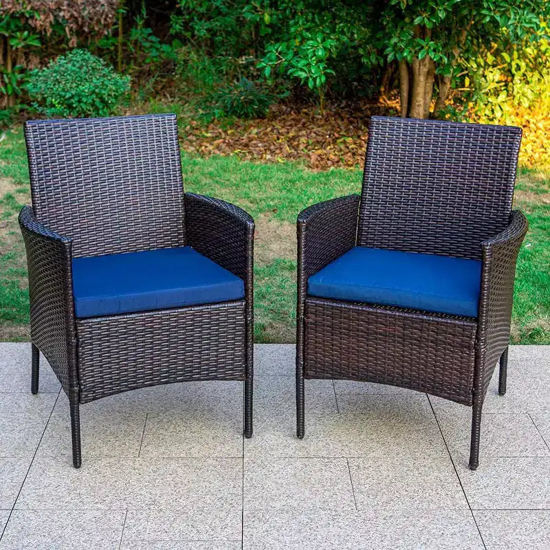 Ensemble de salle à manger 7 pièces pour terrasse avec table rectangulaire en acier et chaises latérales fermées en rotin bleu/marron - Captiva Designs