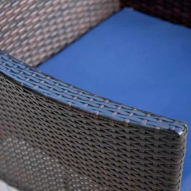 Ensemble de salle à manger 7 pièces pour terrasse avec table rectangulaire en acier et chaises latérales fermées en rotin bleu/marron - Captiva Designs