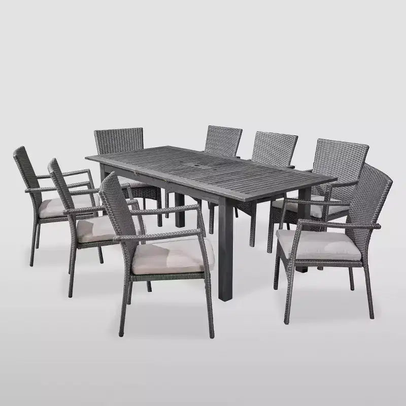 Davenport Ensemble de salle à manger extensible 9 pièces en bois et osier Gris foncé/Gris - Christopher Knight Home