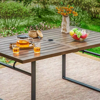 Ensemble de salle à manger 7 pièces pour terrasse avec table rectangulaire imitation bois avec trou pour parasol et chaises pliantes inclinables - Captiva Designs
