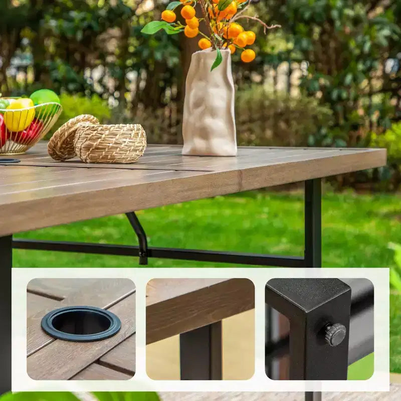 Ensemble de salle à manger 7 pièces pour terrasse avec table rectangulaire imitation bois avec trou pour parasol et chaises pliantes inclinables - Captiva Designs