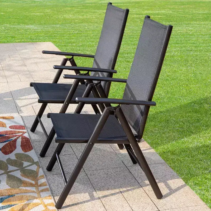 Ensemble de salle à manger 7 pièces pour terrasse avec table rectangulaire imitation bois avec trou pour parasol et chaises pliantes inclinables - Captiva Designs