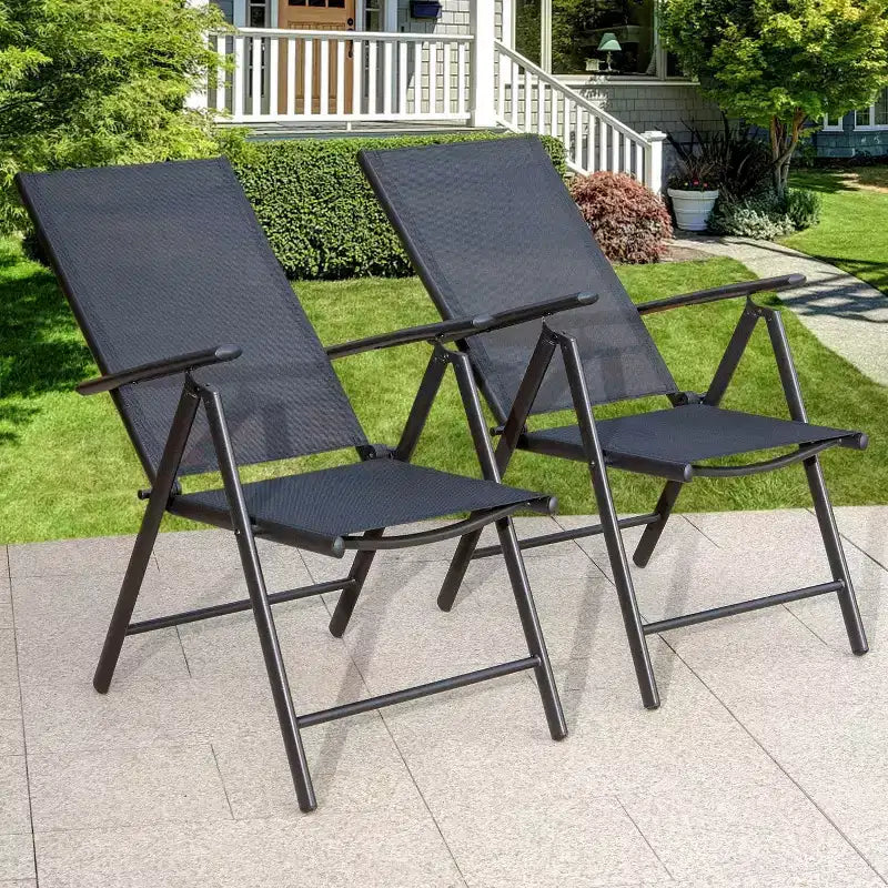 Ensemble de salle à manger 7 pièces pour terrasse avec table rectangulaire imitation bois avec trou pour parasol et chaises pliantes inclinables - Captiva Designs