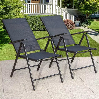 Ensemble de salle à manger 7 pièces pour terrasse avec table rectangulaire imitation bois avec trou pour parasol et chaises pliantes inclinables - Captiva Designs