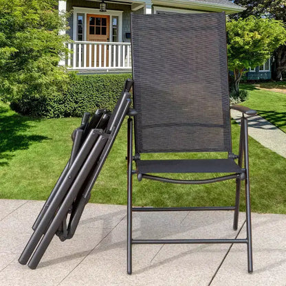 Ensemble de salle à manger 7 pièces pour terrasse avec table rectangulaire imitation bois avec trou pour parasol et chaises pliantes inclinables - Captiva Designs