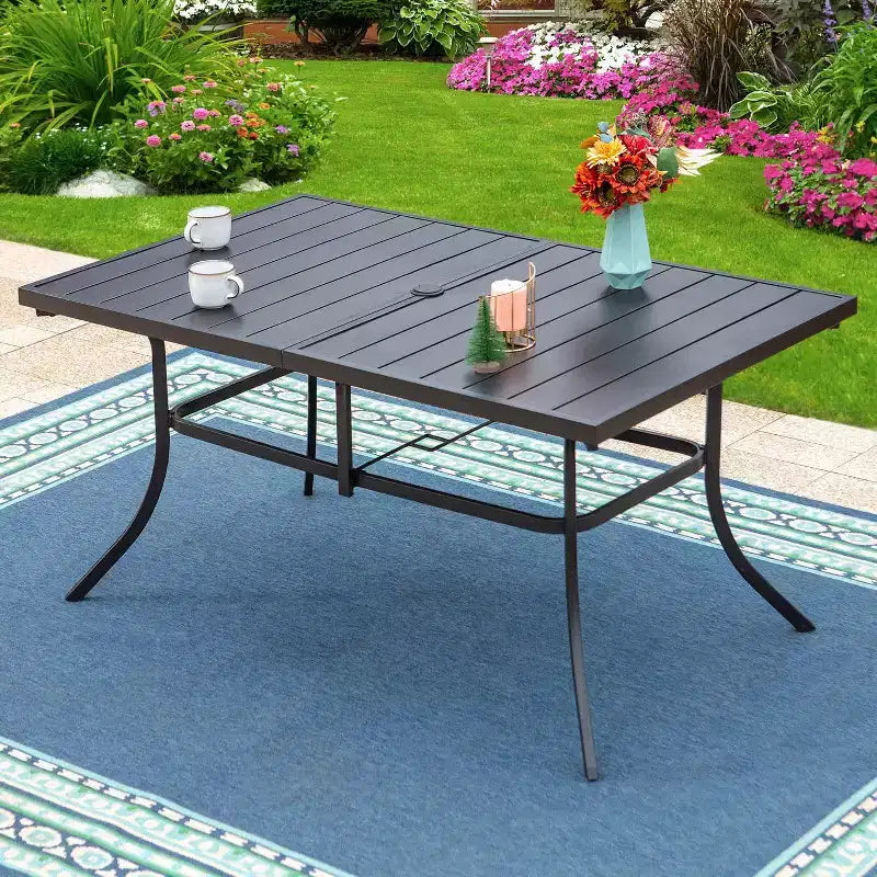 Ensemble de salle à manger d'extérieur 7 pièces Captiva Designs - Table rectangulaire en acier 150x90 cm avec trou pour parasol de 4 cm et 6 chaises avec accoudoirs en acier, Noir