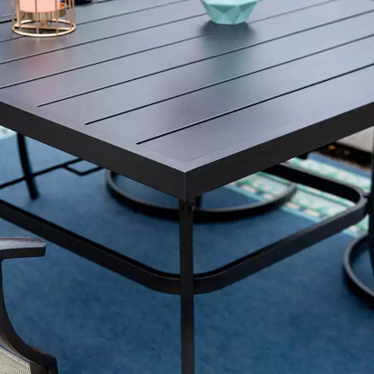 Ensemble de salle à manger d'extérieur 7 pièces Captiva Designs - Table rectangulaire en acier 150x90 cm avec trou pour parasol de 4 cm et 6 chaises avec accoudoirs en acier, Noir