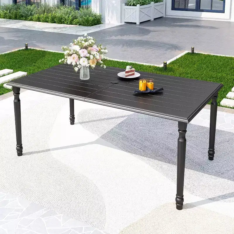 7pc Outdoor Dining Set with Steel Rectangle Table with Umbrella Hole & Swivel Chairs - Captiva Designs: Rust-Resistant, 6-Person Patio Set