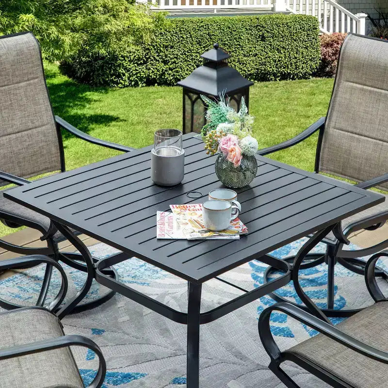 Patio Set with Steel Table with 1.57" Umbrella Hole & 360 Swivel Sling Arm Chairs - Captiva Designs