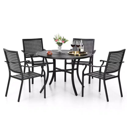 5pc Outdoor Dining Set with Metal Slat Round Table with Umbrella Hole - Captiva Designs: Stackable Chairs, Rust-Resistant