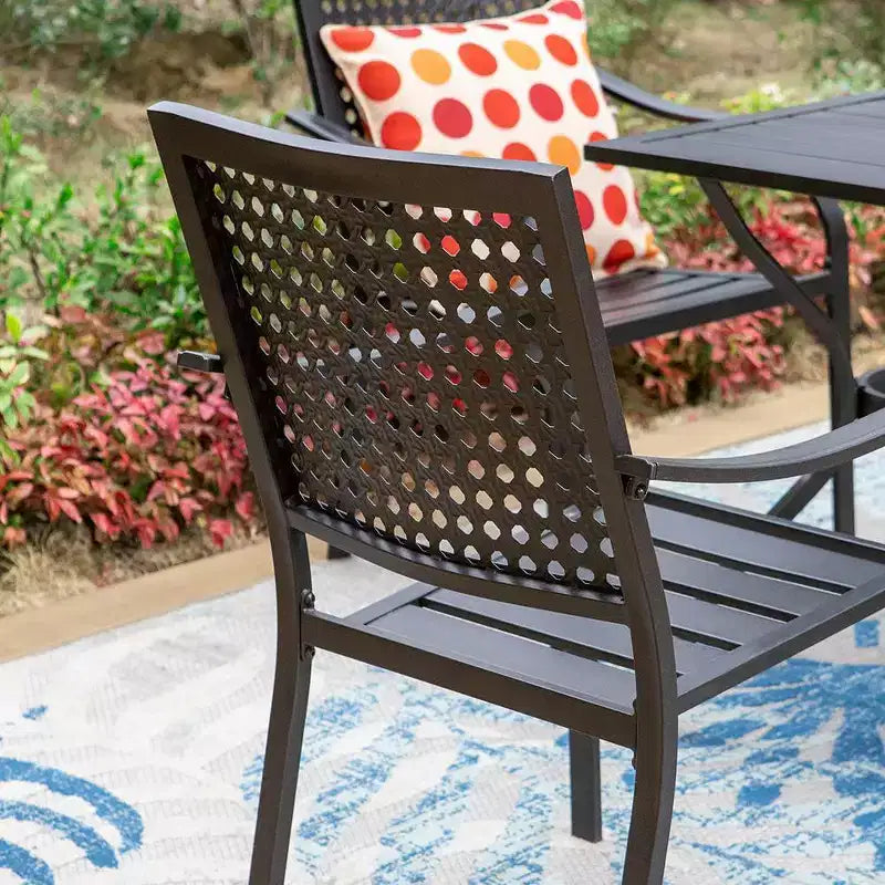 Ensemble de salle à manger d'extérieur 5 pièces avec table carrée à lattes métalliques et trou pour parasol de 4 cm – Captiva Designs : Ensemble de meubles de patio pour 4, acier thermolaqué