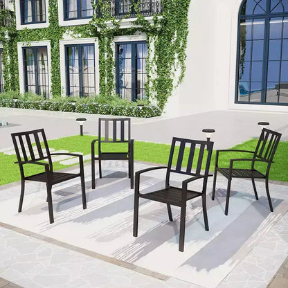 Ensemble repas d'extérieur 5 pièces avec chaises empilables à rayures et table ronde en métal avec trou pour parasol - Noir - Captiva Designs : Cadre en acier
