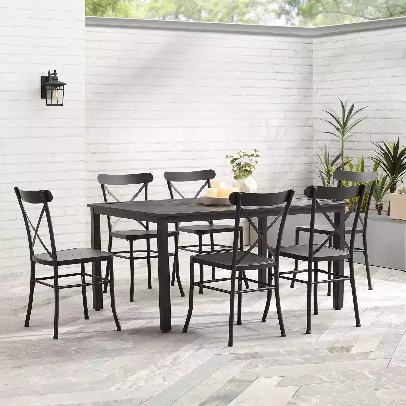 Astrid 7pc Outdoor Metal Dining Set - Matte Black - Crosley: Weather-Resistant, 6 Armless Chairs, Rectangular Table with Umbrella Hole