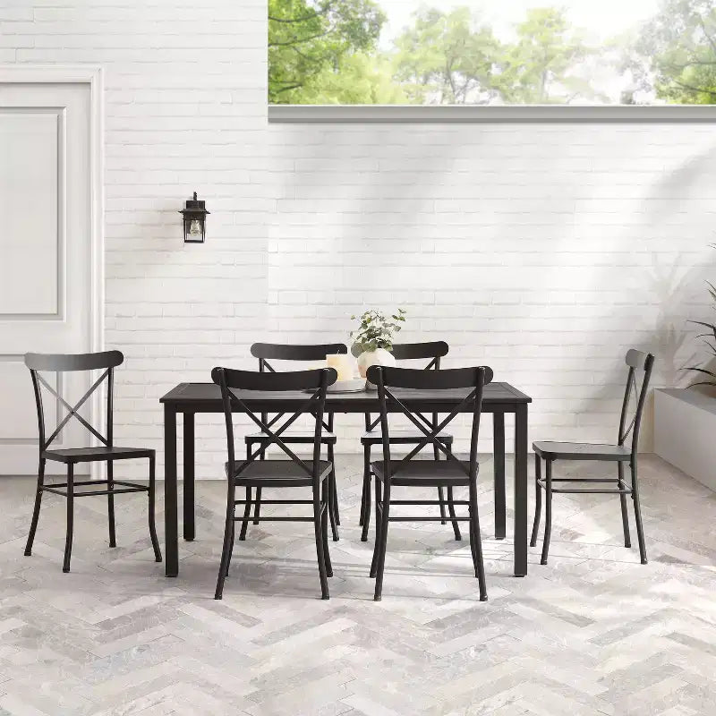 Astrid 7pc Outdoor Metal Dining Set - Matte Black - Crosley: Weather-Resistant, 6 Armless Chairs, Rectangular Table with Umbrella Hole
