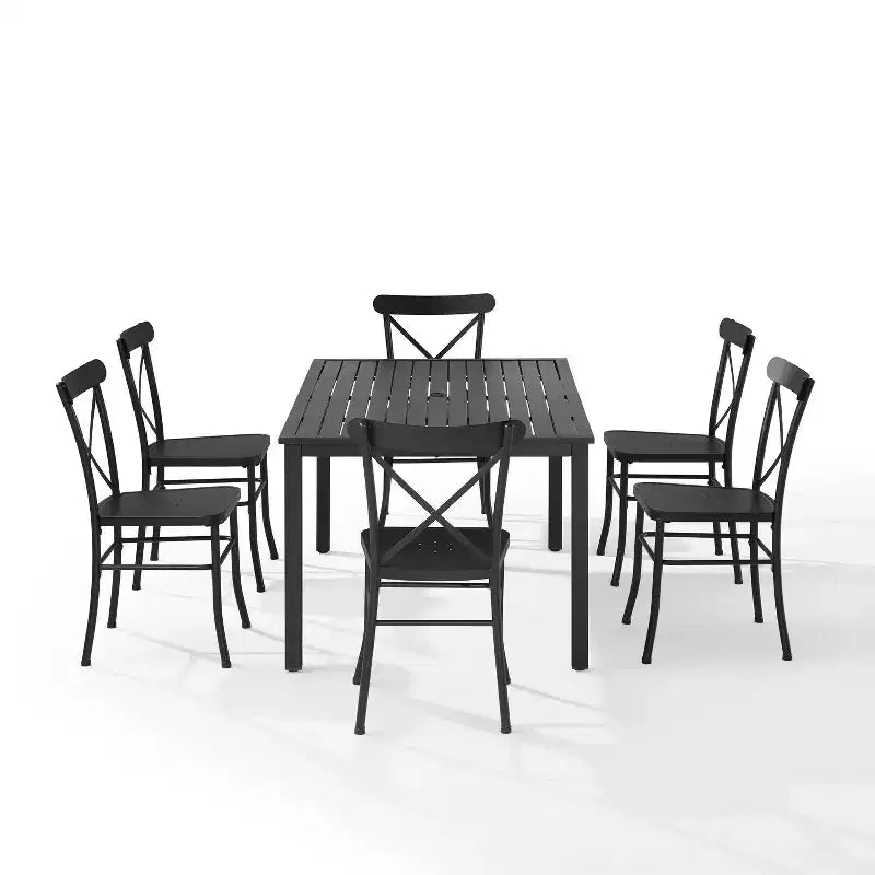Astrid 7pc Outdoor Metal Dining Set - Matte Black - Crosley: Weather-Resistant, 6 Armless Chairs, Rectangular Table with Umbrella Hole