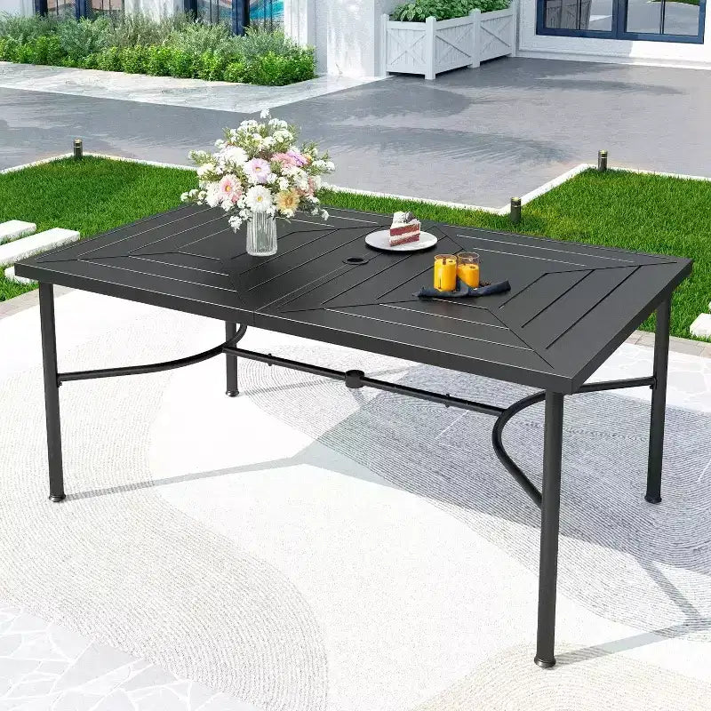 7pc Outdoor Dining Set with with Padded Sling Chairs & Metal Rectangle Table with Umbrella Hole - Captiva Designs