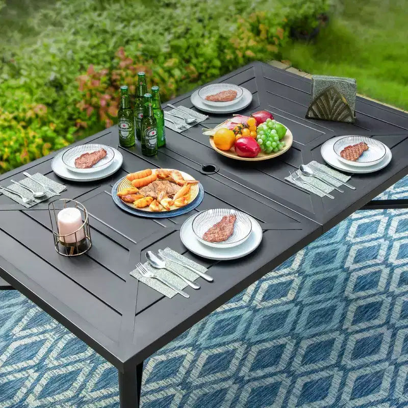 7pc Outdoor Dining Set with with Padded Sling Chairs & Metal Rectangle Table with Umbrella Hole - Captiva Designs